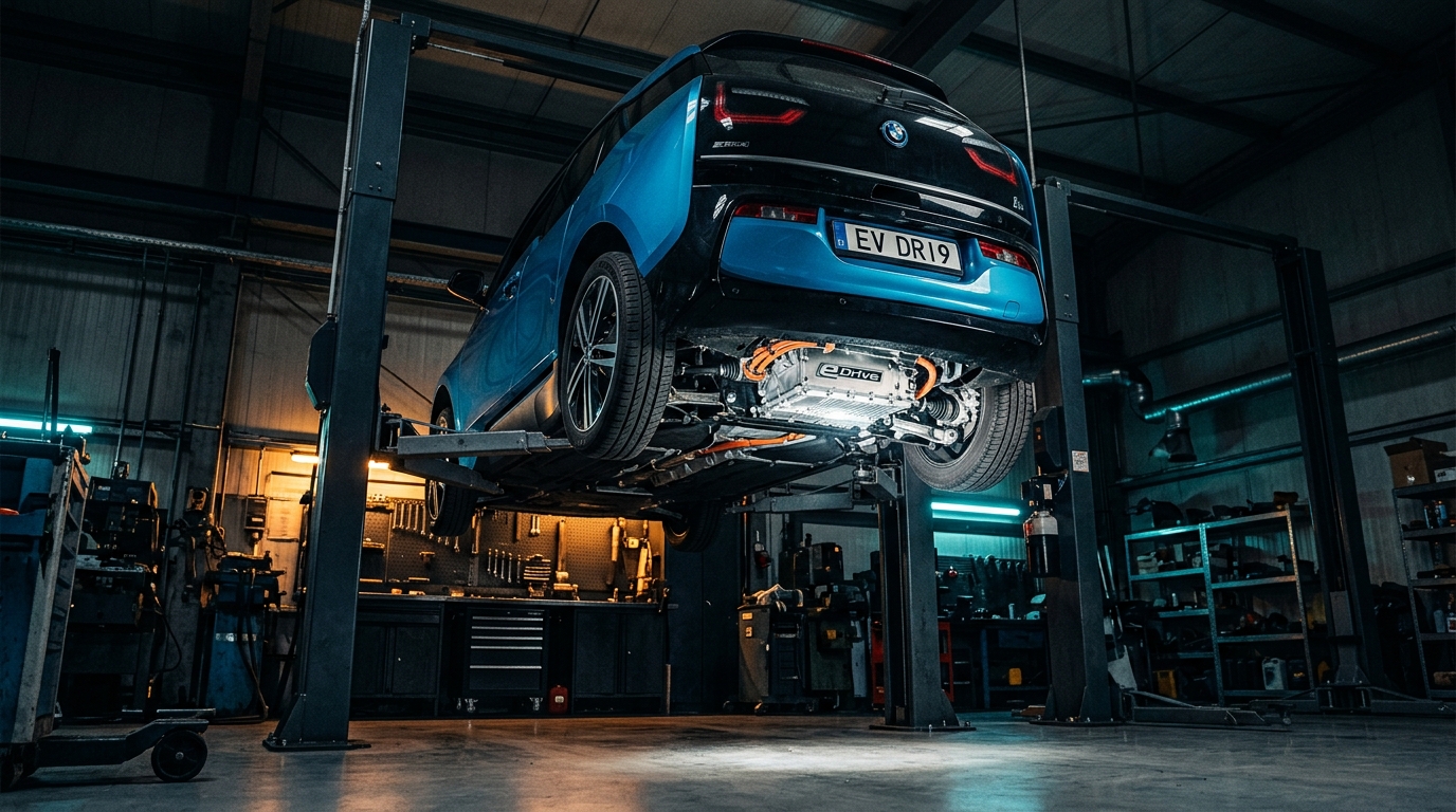 BMW i3 auf der Hebebühne in der Werkstatt
